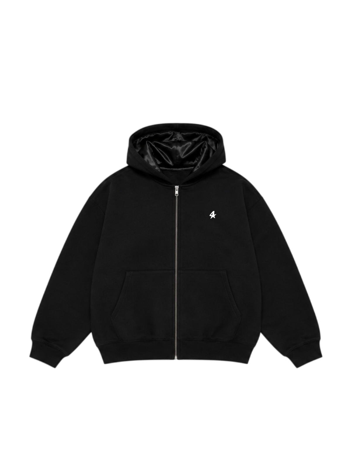 HD- Black ‘4 STAR’ Satin-Lined Full-Zip Hoodie