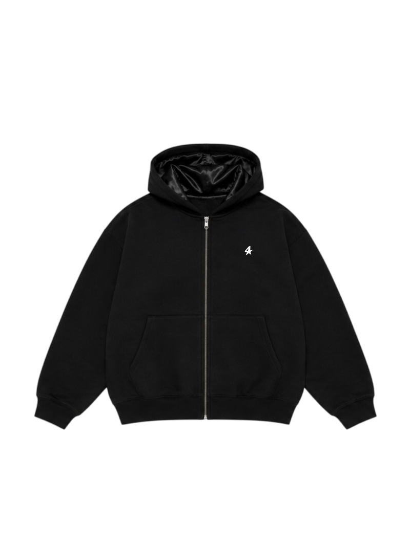 HD- Black ‘4 STAR’ Satin-Lined Full-Zip Hoodie
